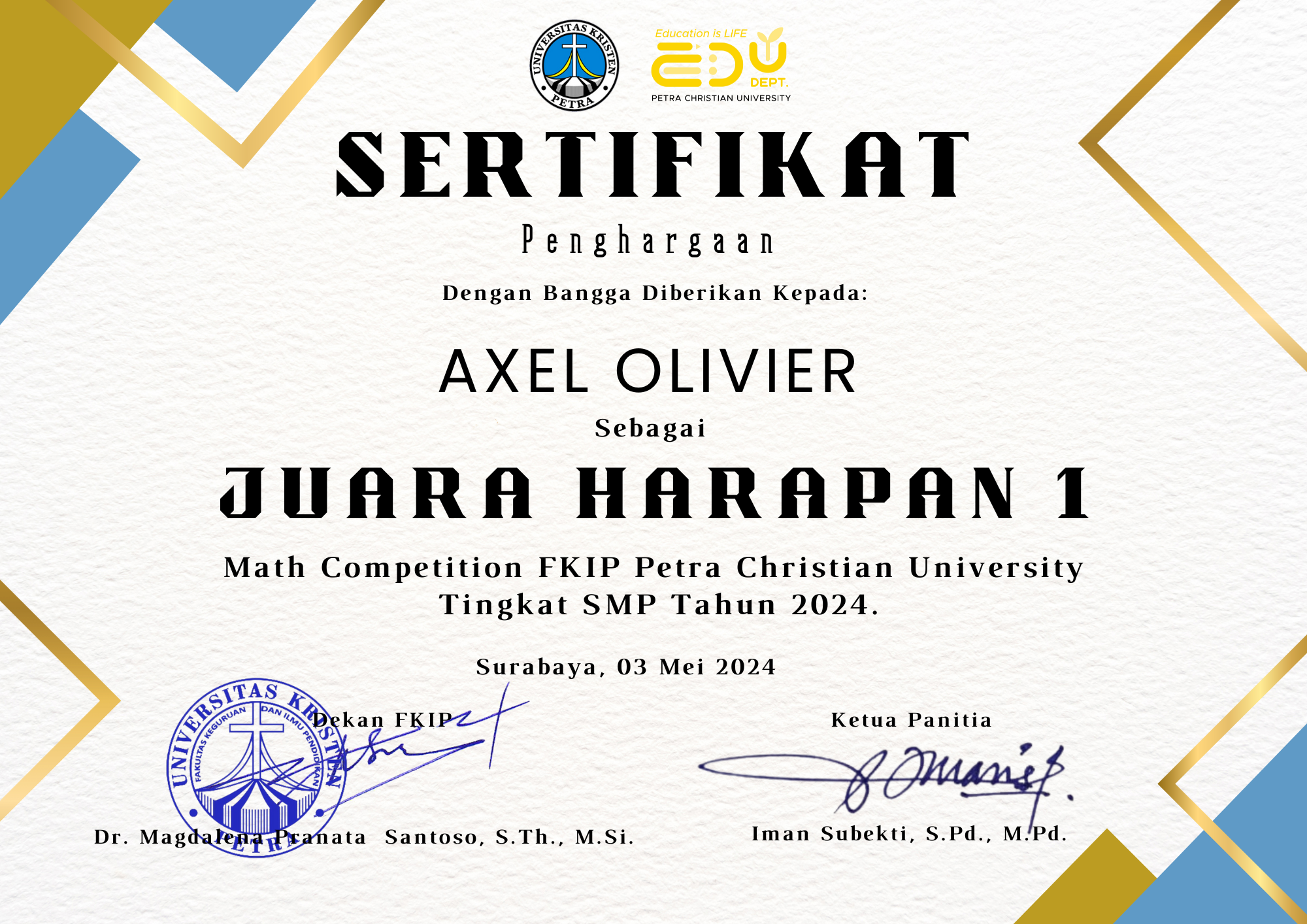 Certificate 4th place PCU